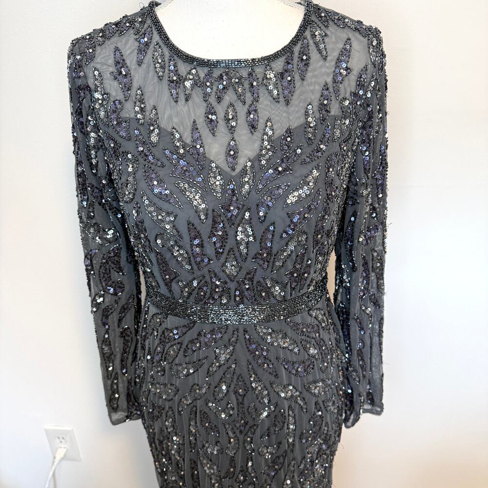 Mac Duggal 5124 Beaded Long Sleeve Evening Gown In Charcoal Size 8 New - Picture 3 of 16
